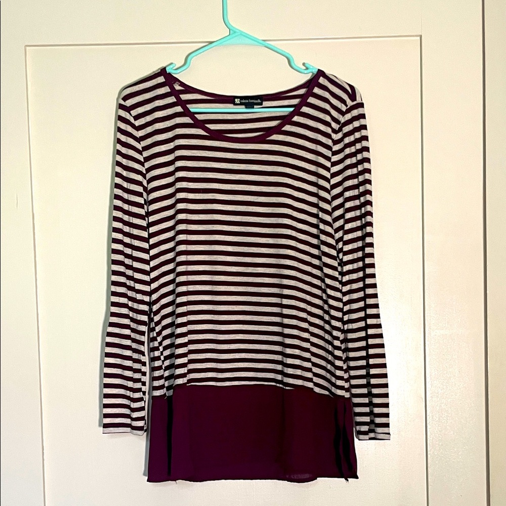 Striped Long Sleeve Top in Burgundy and White with Sheer Bottom